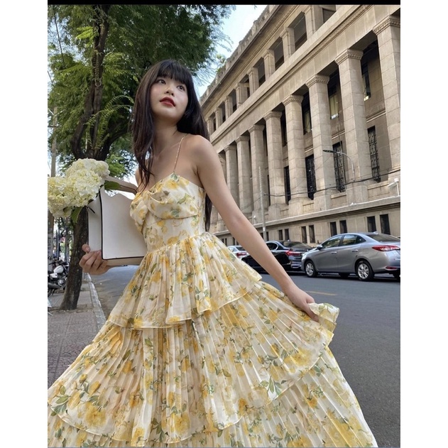 ĐẦM HOA VÀNG TẦNG 2 DÂY NHÍU NGỰC MIDI