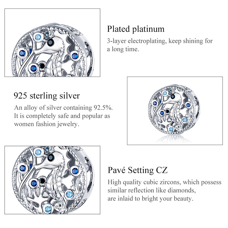 Hạt phụ kiện BAMOER BSC266 bằng bạc 925 đính đá hình cá ngựa dùng làm vòng tay DIY chất lượng cao