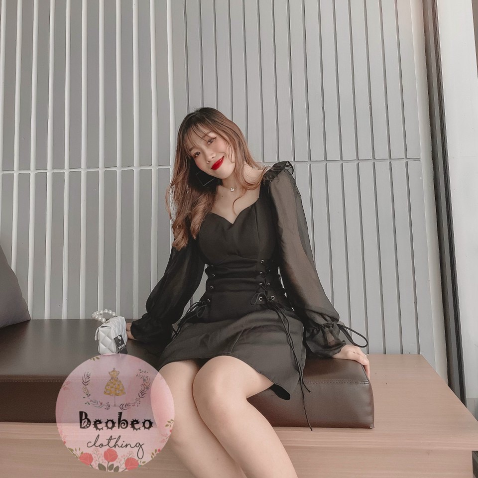 Đầm đen cổ u tay voan phồng đan dây eo vintage