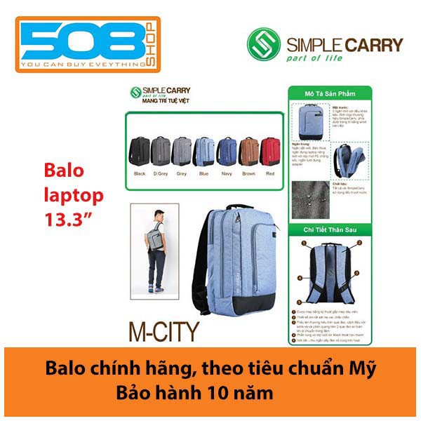 Balo Laptop SimpleCarry M-City cho laptop 13.3" – Bảo hành chính hãng 10 năm
