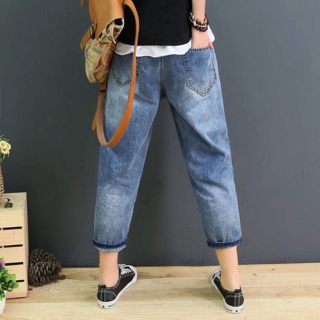 Quần bò baggy jean nữ lưng thun thêu hoa bigszie 45kg đến 90kg