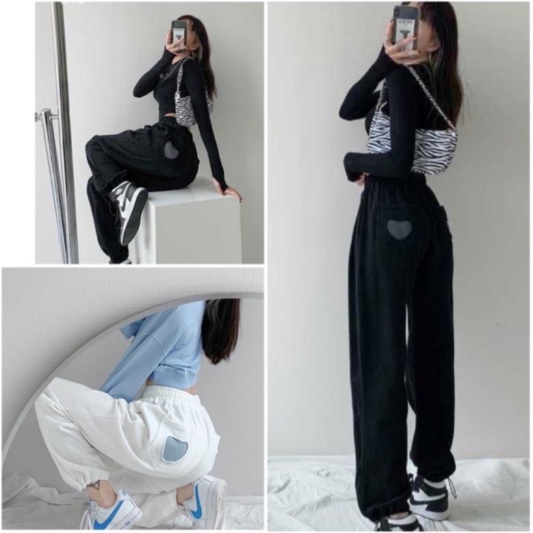Quần Jogger Tim Túi Unisex Nữ Form Ống Rộng- Quần Thun Nỉ Thể Thao Bo Gấu 2 Màu Hot Hit
