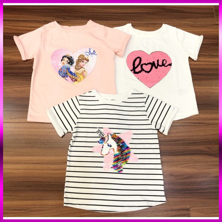 Áo bé gái cộc tay xuất dư xịn ❤️ 𝓗&𝓜 ❤️ bé từ 2-10Y.Áo Phông Trẻ Em Cộc Tay lật cườm có ảnh THẬT Shop tự chụp