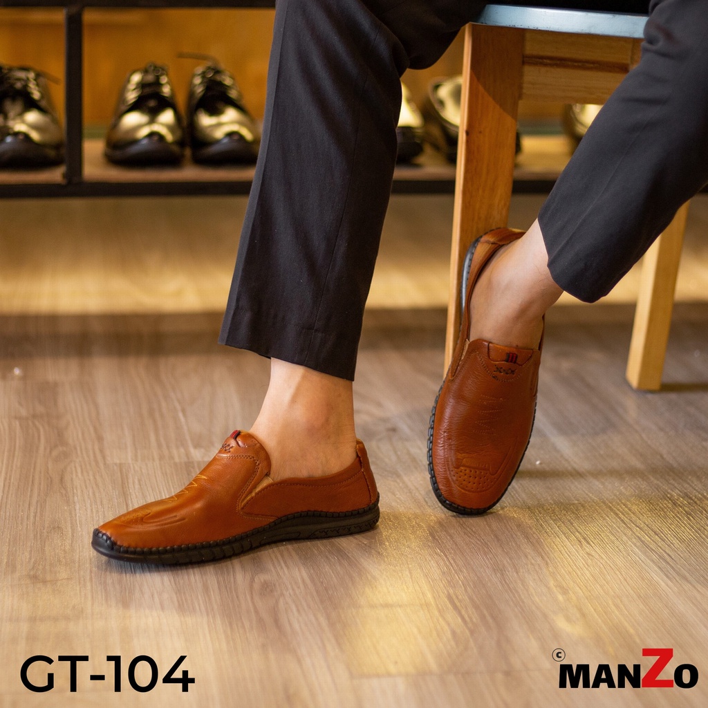 [DA BÒ THẬT Giày lười nam da bò đế cao su cực kỳ êm ái khi mang - Manzo GT 104NAU