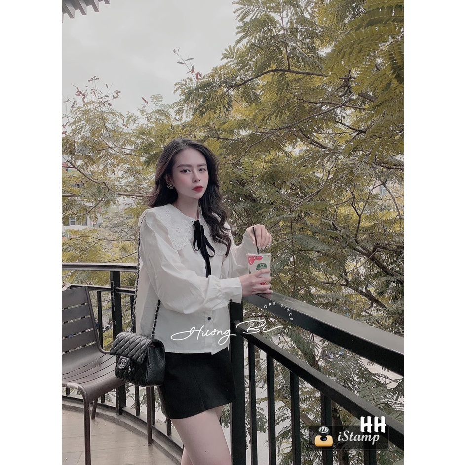 ÁO SƠ MI TRẮNG CỔ BÈO REN NƠ ĐEN