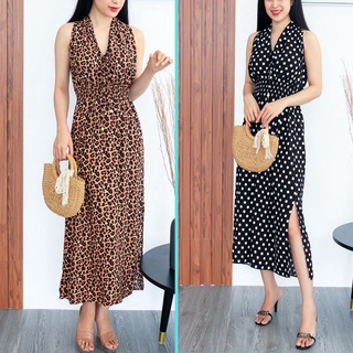 Đầm maxi trung niên dáng dài cho mẹ, thiết kế ngắn tay eo bo thun - Váy maxi đi biển xẻ tà dáng dài MX015