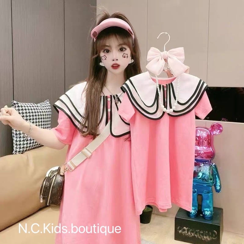 Váy đầm hồng viền đen trắng bánh bèo cho bé gái