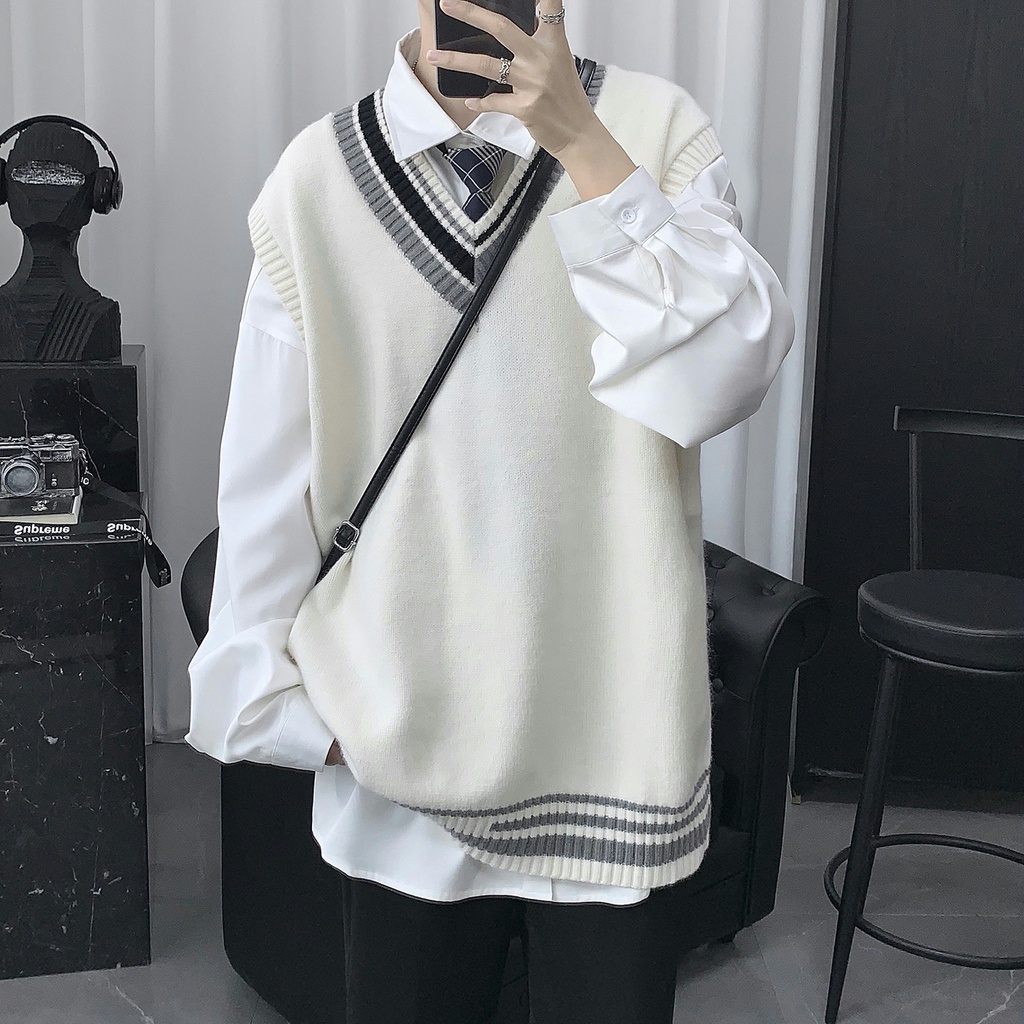 Áo sweater dệt kim cổ V không tay thời trang Hàn Quốc nam tính