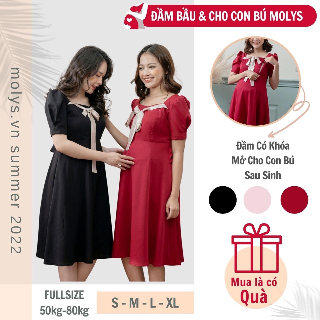 Đầm bầu công sở kết hợp cho con bú sau sinh sau sinh MOLYS M2301 nơ cổ trẻ trung đủ size đến 70kg, 7 NGÀY ĐỔI TRẢ