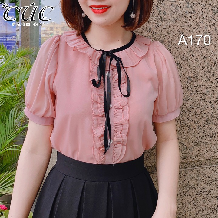 Áo sơ mi nữ cao cấp công sở Cúc Fashion A170 áo somi cổ tròn nơ đen