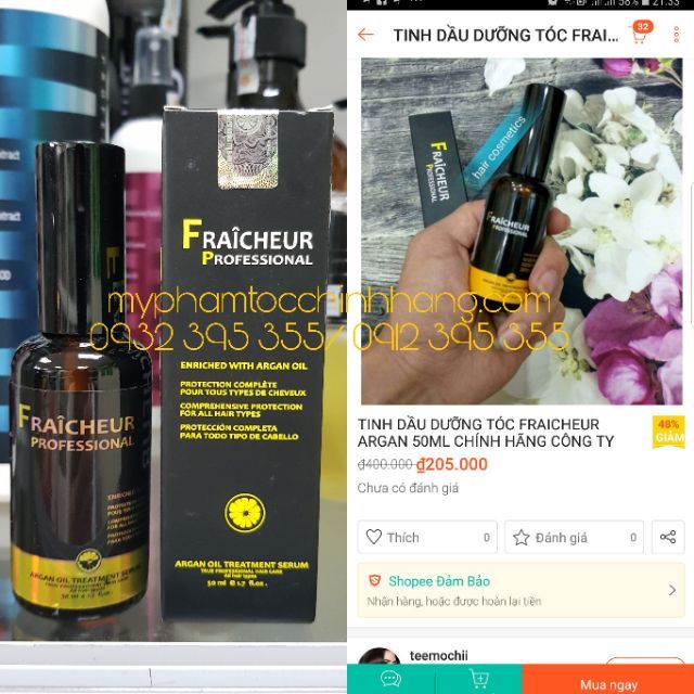 (Sale) Tinh dầu dưỡng tóc Fraicheur argan chính hãng công ty 50ml - 100ml