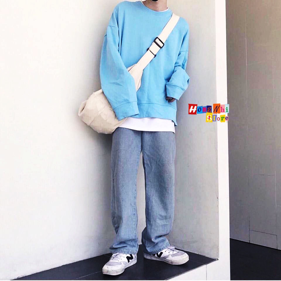 Áo Sweater Trơn Ulzzang Unisex Màu Xanh Chất Nỉ Bông Cao Cấp Dáng Rộng Nam Nữ - MM