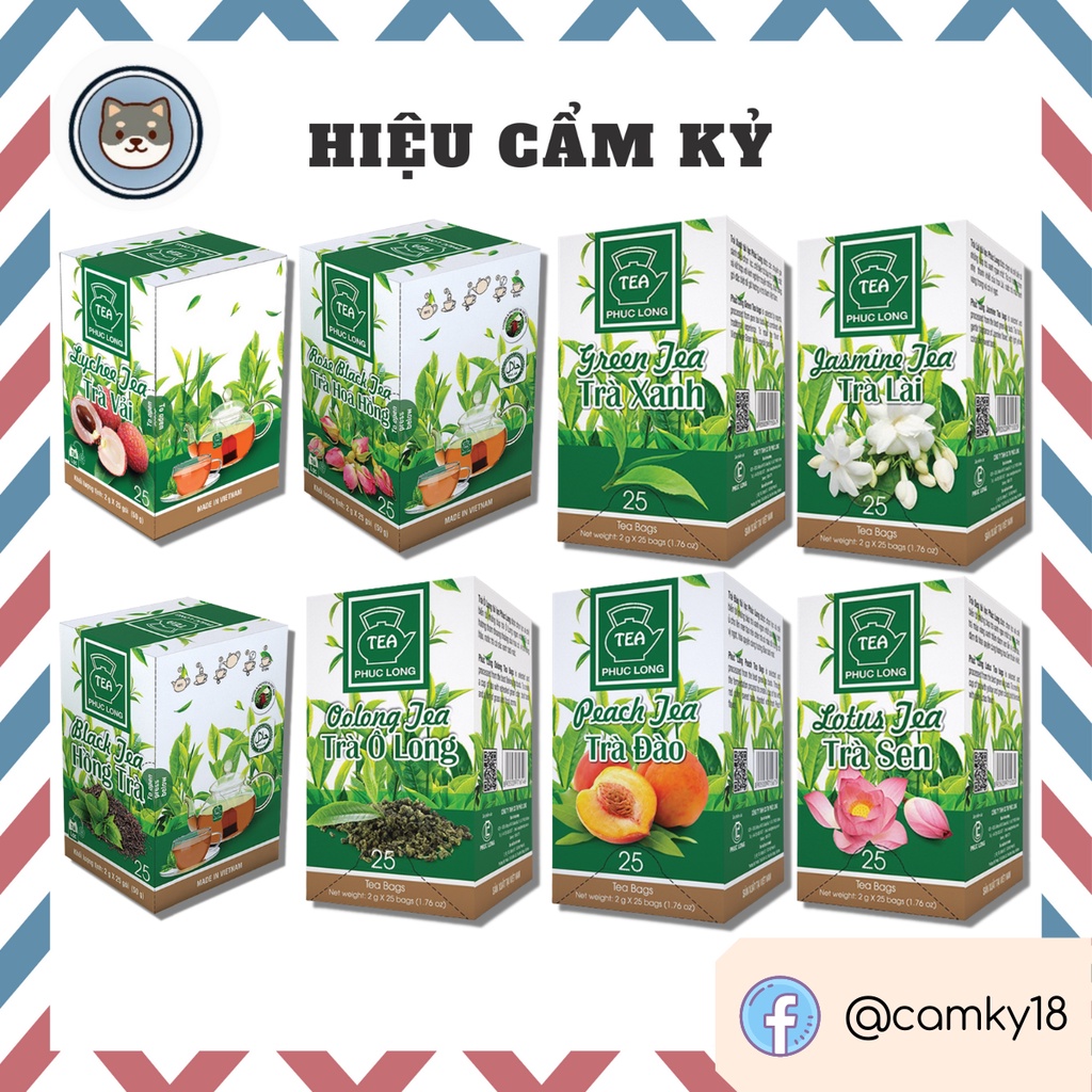 Trà Túi Lọc Phúc Long Đủ Vị 2g x 25 gói - Đào | Vải | Olong | Sen | Lài | Hoa hồng | Trà xanh | Hồng trà