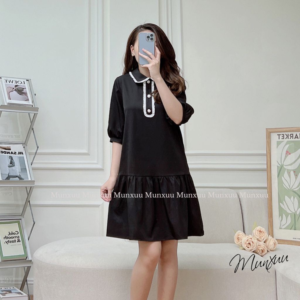 Váy babydoll tay lỡ MUNXUU phối cúc thiết kế màu trơn dáng dài xòe nhẹ nhàng thanh lịch - V13