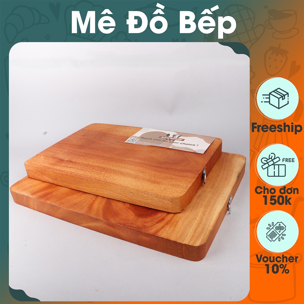 Thớt gỗ hình chữ nhật Bam House chất gỗ xà cừ dày 2,6cm có móc treo cao cấp TGCN02