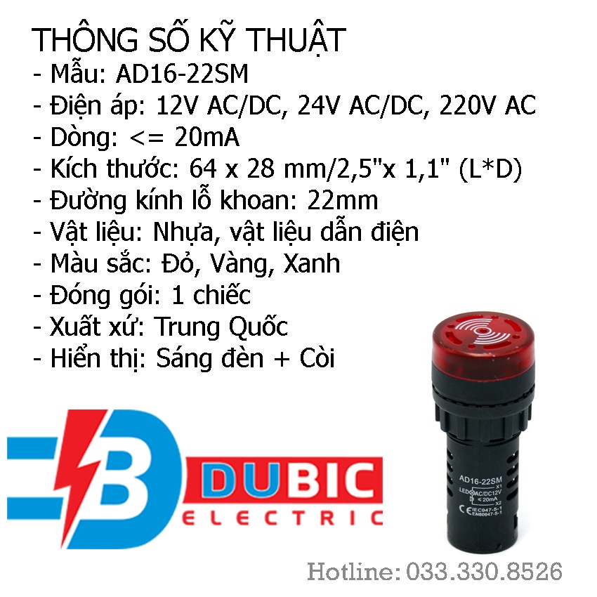 Đèn báo pha có còi 12V 24V 220V AD16-22SM phi 22 - DUBIC ELECTRIC