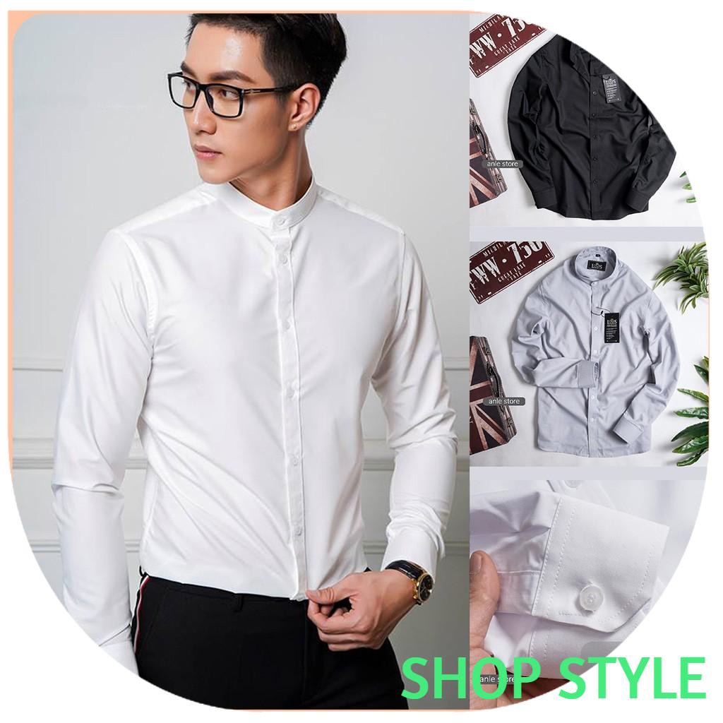 SHOP style  Áo sơ mi nam cổ trụ cổ tàu công sở LOUIS form Hàn Quốc Cotton lụa Xuất Khẩu đẹp cao cấp màu trắng đen