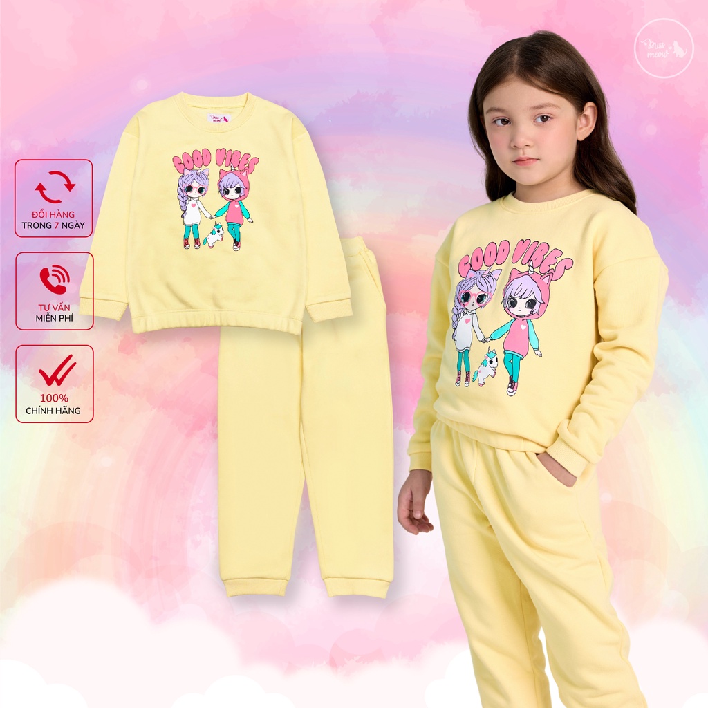Bộ dài tay bé gái Bigfox Miss Meow size đại, bộ nỉ bông bé gái in hai cô gái Good Vibes size trẻ em 3,4,5,… 11 tuổi