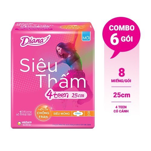 [4 TEEN] Lốc 6 gói Băng Vệ Sinh Diana siêu thấm 4Teen 23/25cm