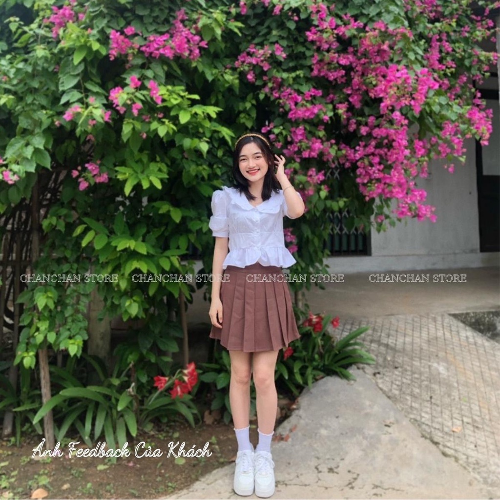 Set áo sơ mi crotop cổ bèo + chân váy xếp ly hách dáng