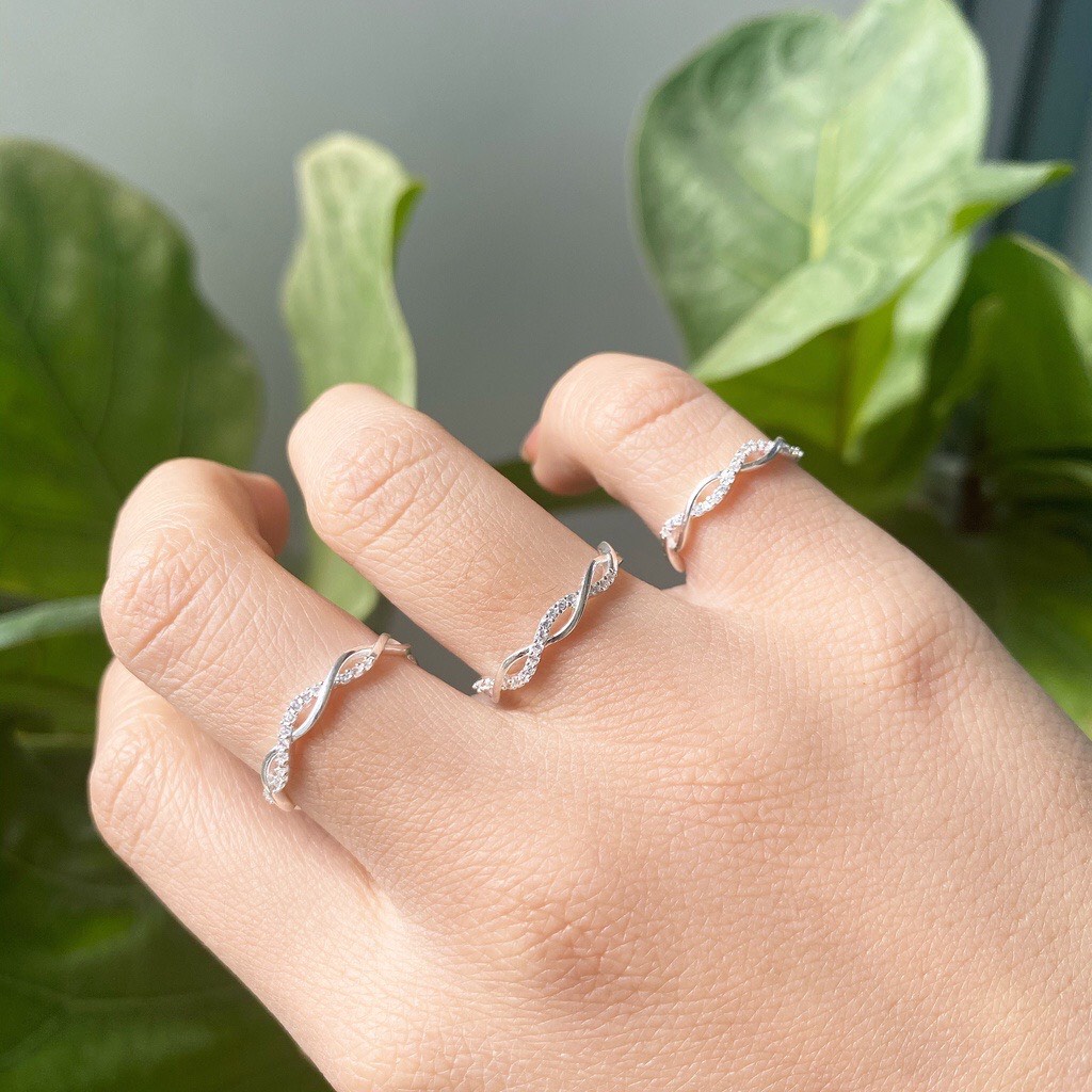Nhẫn nữ bạc thật, nhẫn bạc thân xoắn đính đá tấm đơn giản xinh xắn - Kho sỉ bạc Nhất Linh