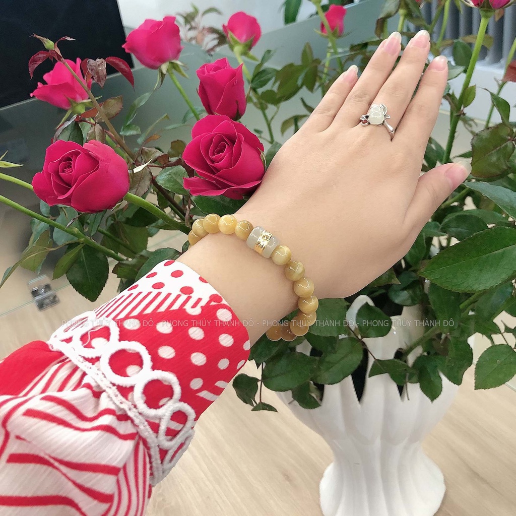 Chuỗi Vòng Mắt Hổ Vàng Tâm VIP, Size Hạt 8mm, Charm Lu Thống Bạch Ngọc - Phong Thủy Thành Đô