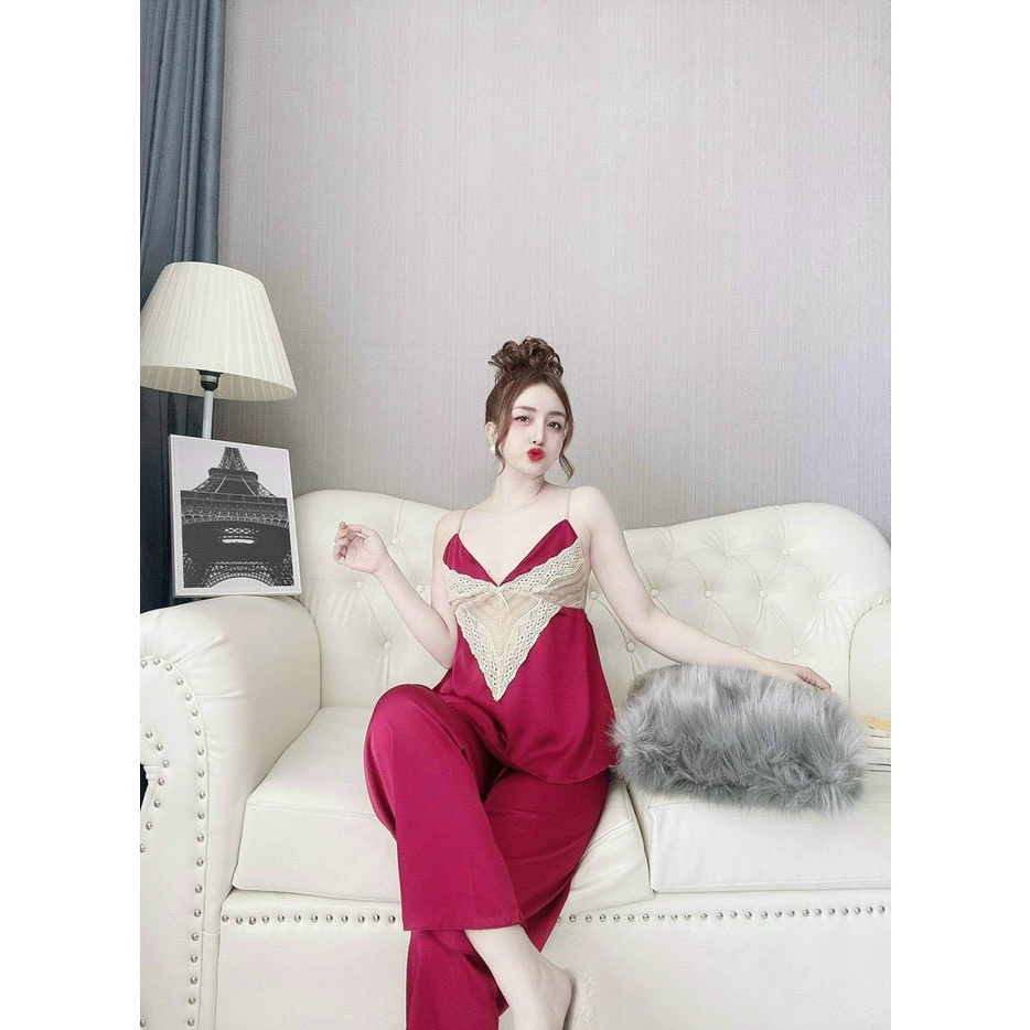 Bộ satin lưới áo hai dây, quần dài, siêu gợi cảm, quý phái cho nữ mặc nhà, mặc ngủ, màu cực tôn da