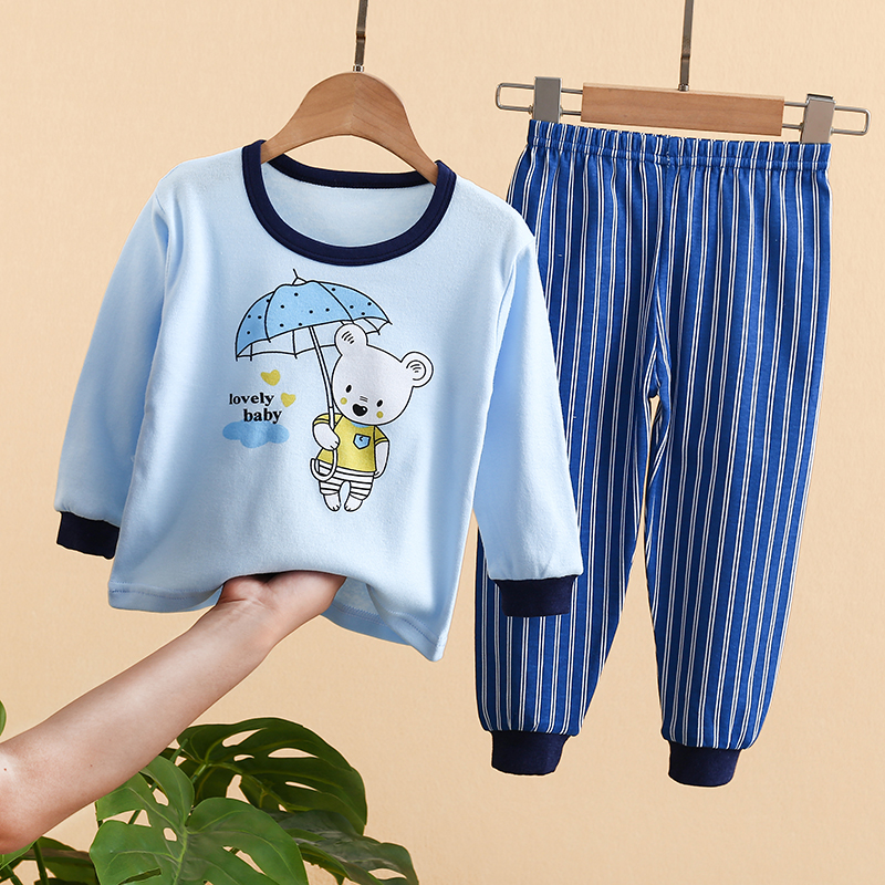 Bộ quần áo ngủ 2 món bằng vải cotton in hình gấu xinh xắn dễ thương cho bé từ 0-13 tuổi