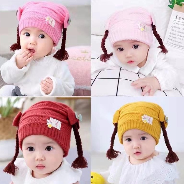 Mũ Len Đẹp Cho Bé Gái Lót Cotton Mềm Mịn. Nón Len Có 2 Búi Tóc Kèm Nơ Đáng Yêu Từ 2 tháng đến 2 tuổi