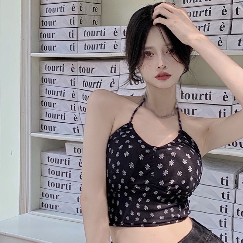 Áo Croptop Hai Dây Hở Lưng In Họa Tiết Hoa Phong Cách Hàn Quốc Quyến Rũ Dành Cho Nữ
