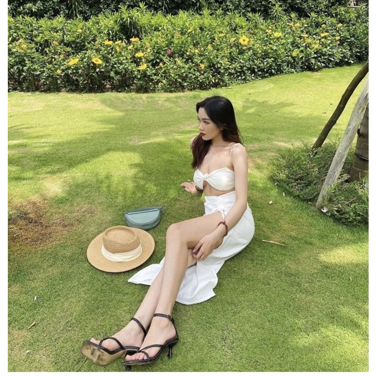 Bikini nữ đi biển 3 mảnh nơ ngực kèm chân váy dây rút 2 màu