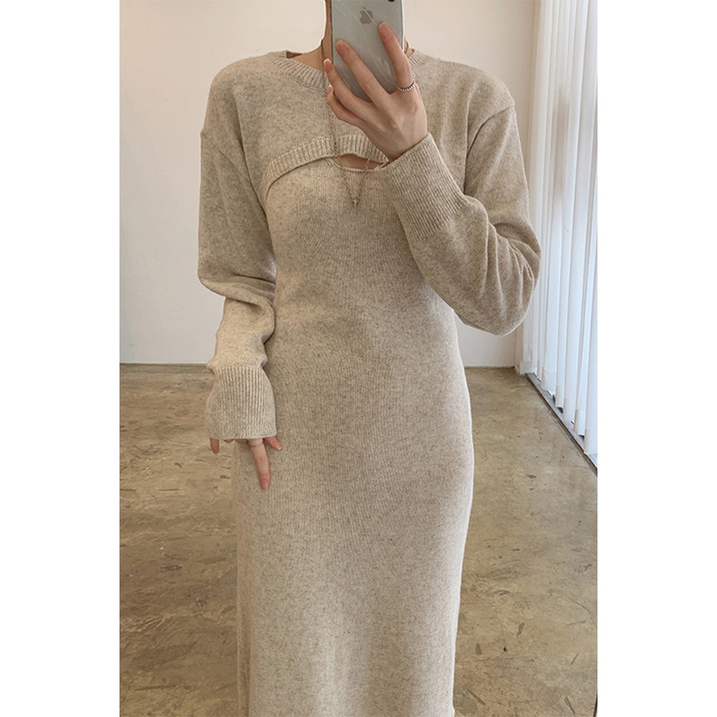 Set Áo Len Dài Tay + Đầm Hai Dây Xẻ Tà Thời Trang Nữ