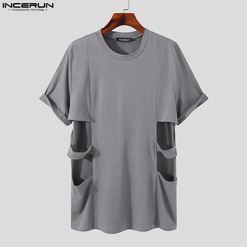 INCERUN Áo Thun Tay Ngắn Cổ Tròn Thiết Kế Lỗ Thời Trang Cho Nam