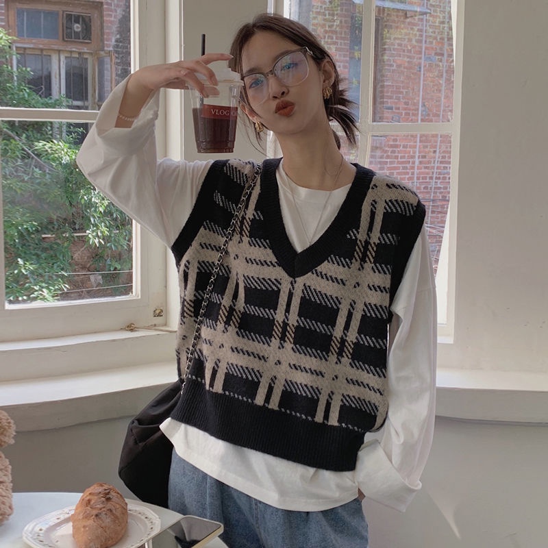 Áo không tay dệt kim dáng rộng cổ chữ V họa tiết kẻ ô thời trang mùa thu dành cho nữ | BigBuy360 - bigbuy360.vn