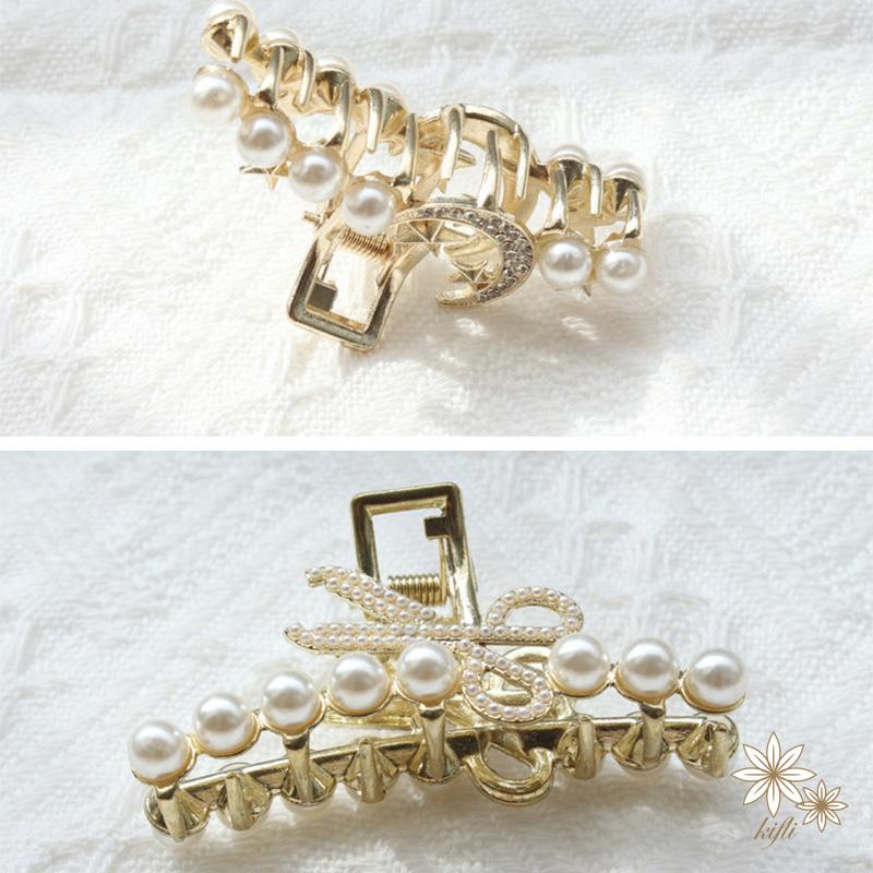 【kifli】Kẹp Tóc Móng Vuốt Hình Cây Kéo Đính Đá Ngọc Trai Dễ Thương Thời Trang Hàn Quốc Cho Nữ Hai