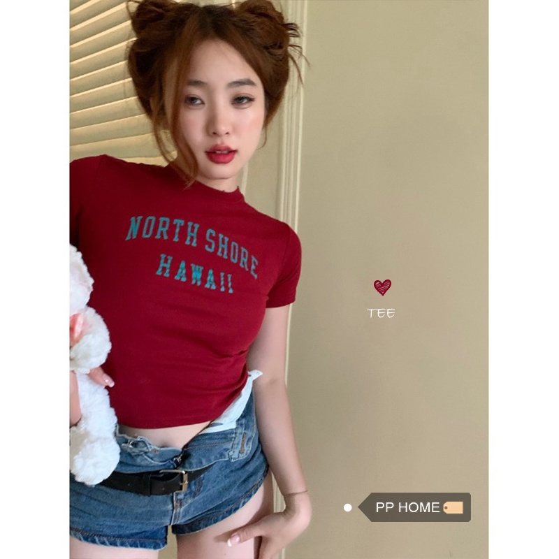 Pphome Áo Thun Tay Ngắn Cổ Cao Dáng Ôm Vừa Vặn In Chữ Màu Trắng Phong Cách Retro Mỹ Ngọt Ngào Mùa Hè