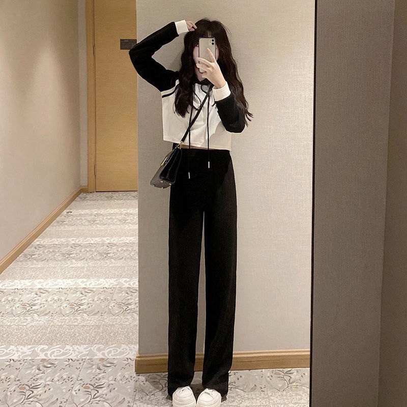 Early autumn suit girl student foreign style small hooded hoodie high waist wide leg pants leisure temperament two sets of tide