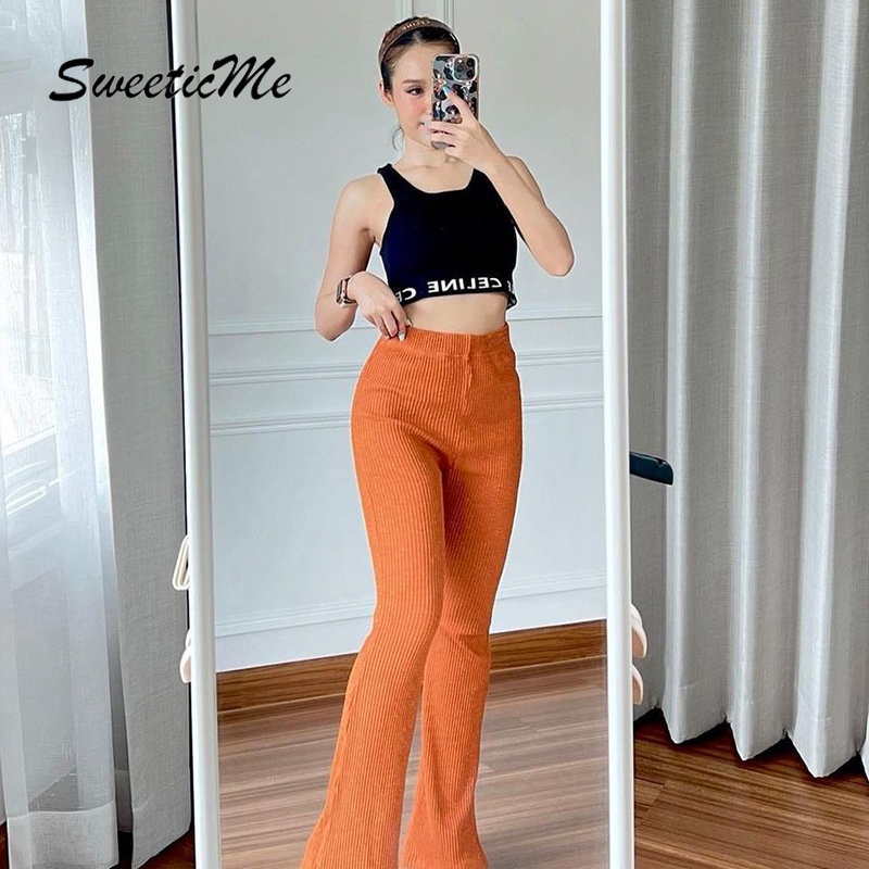 Quần Dài Ống Loe Lưng Cao Màu Trơn Thời Trang   Cho Nữ