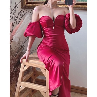 Đầm satin đỏ dự tiệc sang trọng