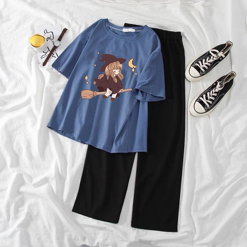 Set bộ áo thun tay lỡ phối quần xuông trơn Unisex form rộng 38-65kg