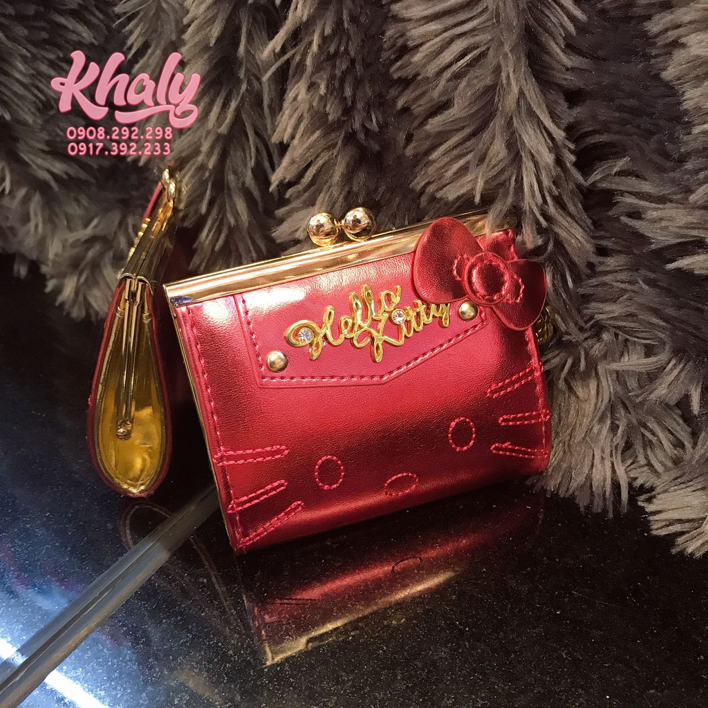 Bóp ví tiền cầm tay mini nút bật da mềm 1 ngăn hình Hello Kitty màu hồng cho bé gái, bạn nữ (Nhật Bản) - (10.5x2.5x10cm)