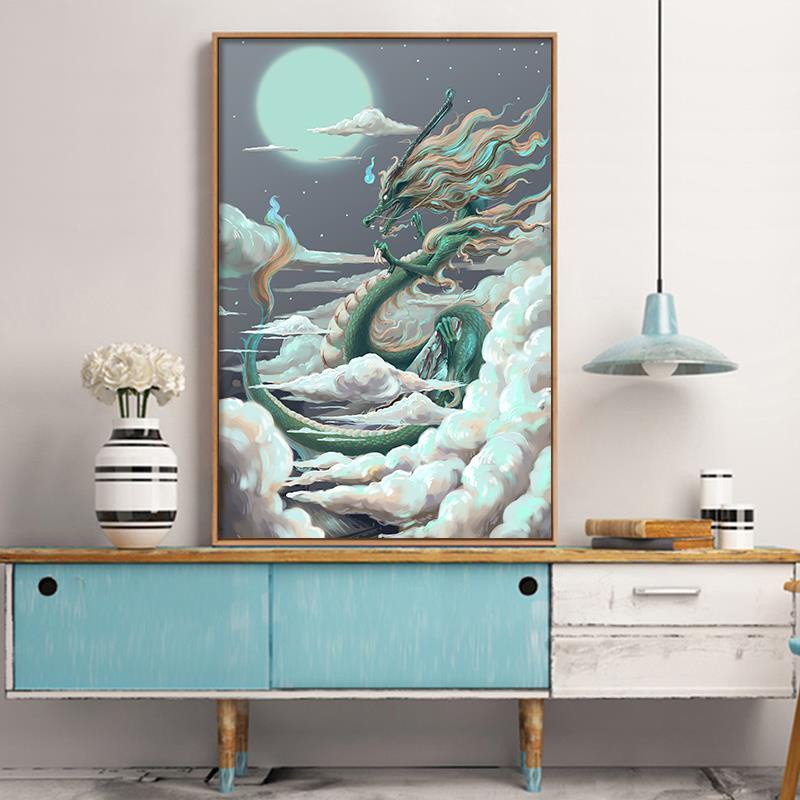 ▼✑▣Long Teng Wanli tranh sơn dầu kỹ thuật số diy tốt lành, rồng cung hoàng đạo truyền thống Vẽ tay bức của Lianyang, ngư