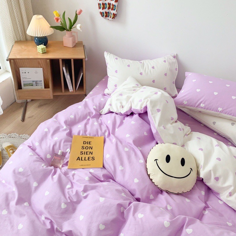 Bộ chăn ga gối cotton poly -mẫu trái tim tím trắng -luis bedding miễn phí bo chun theo kích thước