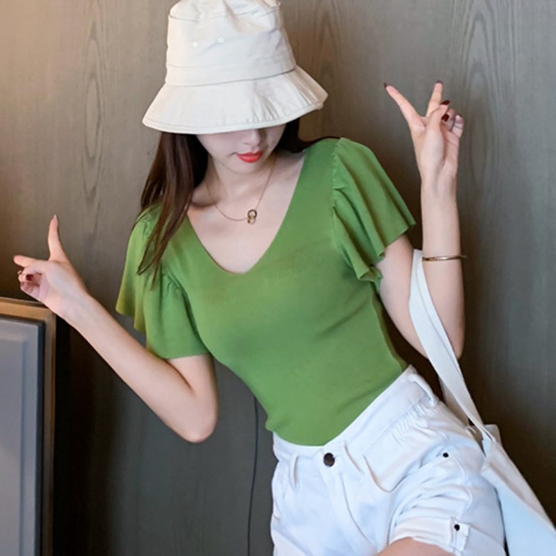 Áo Dệt Kim Tay Ngắn Cổ V Thiết Kế Màu Trơn Thanh Lịch Cho Nữ | BigBuy360 - bigbuy360.vn