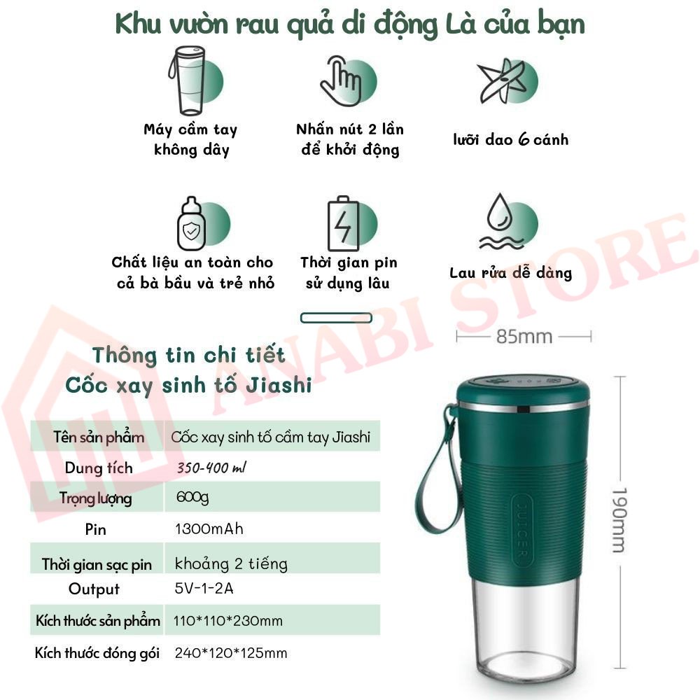 Máy Xay Sinh Tố 6 Lưỡi Bình Thủy Tinh ANABI - Máy Xay Sinh Tố Cầm Tay Mini Tích Điện