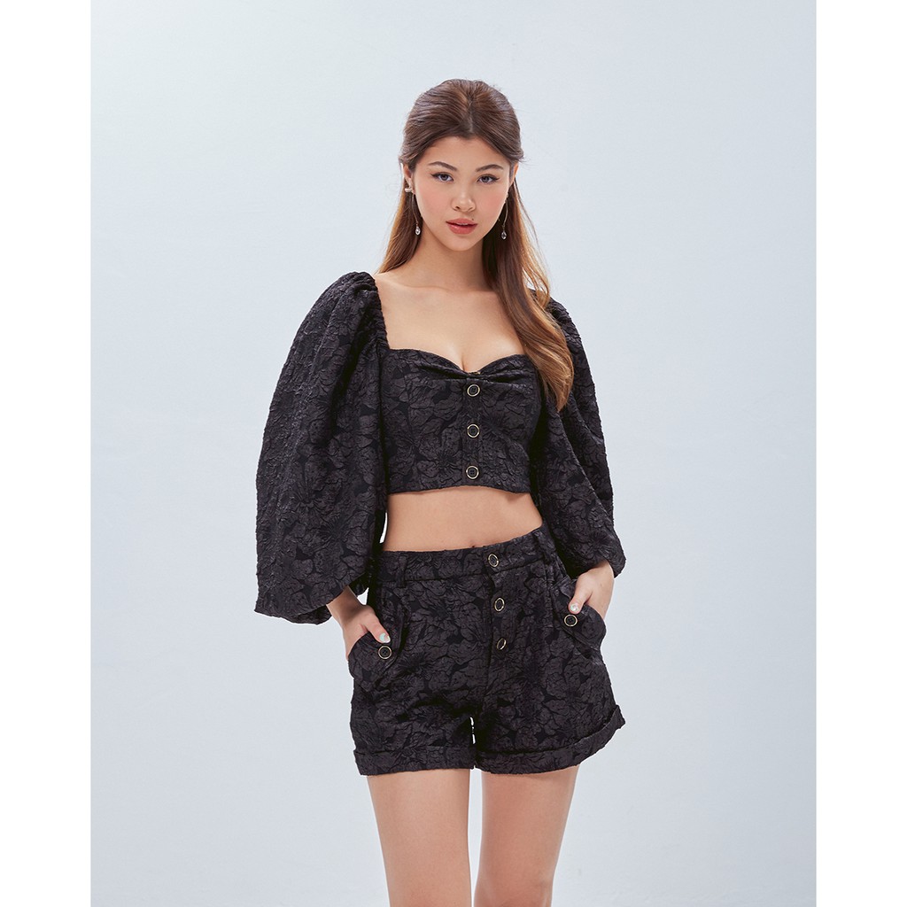 Áo croptop SheByShj gấm tay phồng màu đen - Black Angela Top