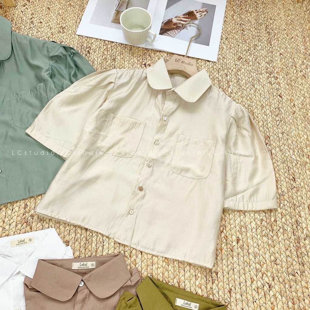 Áo sơ mi nữ ngắn tay sơ mi croptop cổ sen chất vải mịn mát XONXEN SHOP free size mã 33