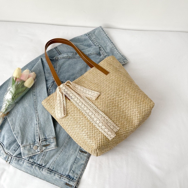 Túi cói có khoá đựng đồ đi biển, du lịch, phong cách vintage nhẹ nhàng
