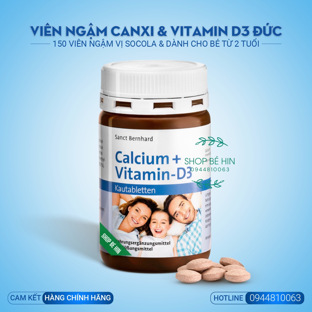 (Bill Đức) Viên ngậm canxi Calcium Vitamin D3 Sanct Bernhard vị Socola 150 viên, bổ sung canxi D3 cho bé và gia đình