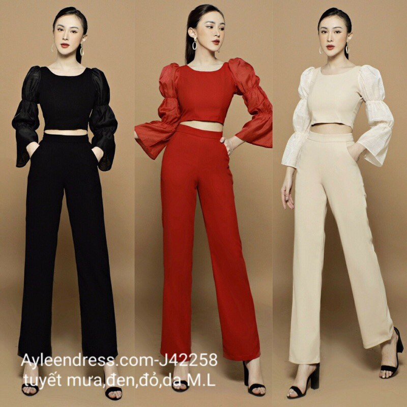 Set crop top quần ống suông